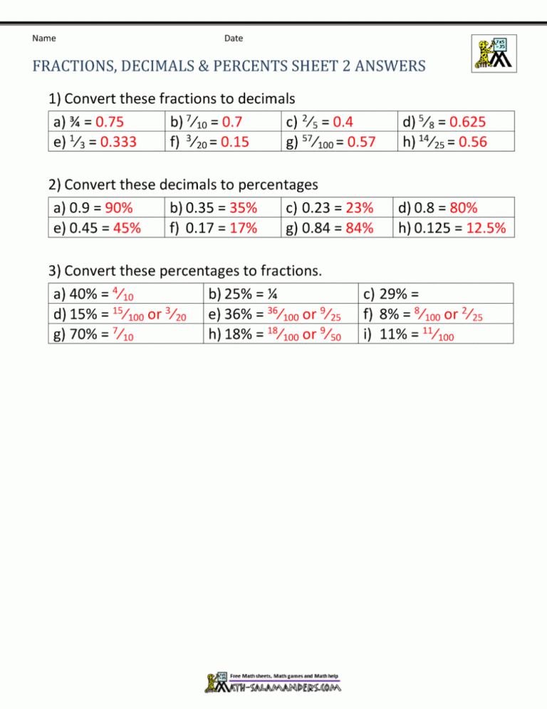Converting Fractions Into Decimals Worksheet With Answers