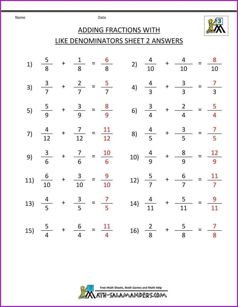 Free Fraction Worksheets With Answers