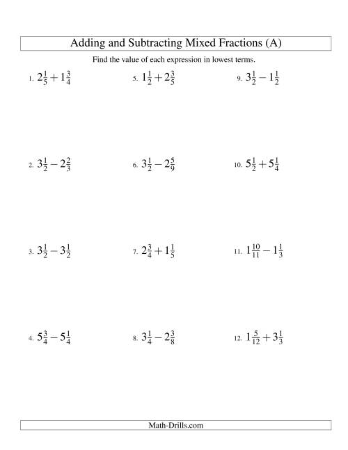 Adding and Subtracting Mixed Fractions (A)