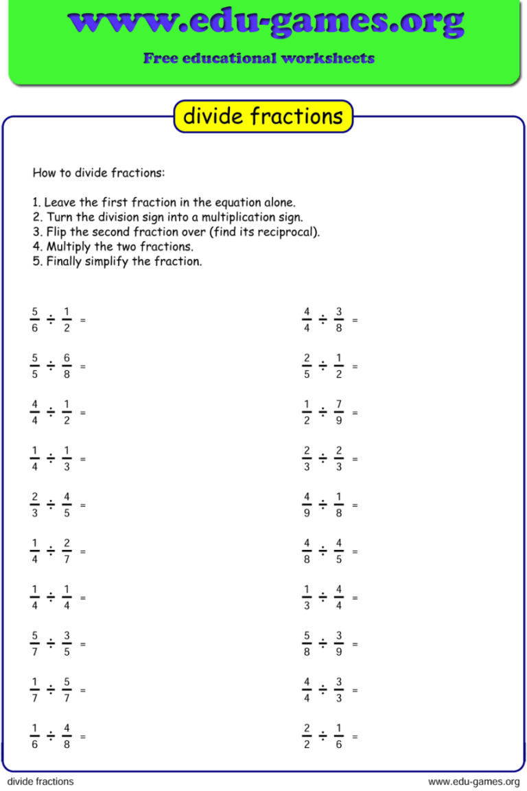 Dividing Fractions By Fractions Worksheet With Answers