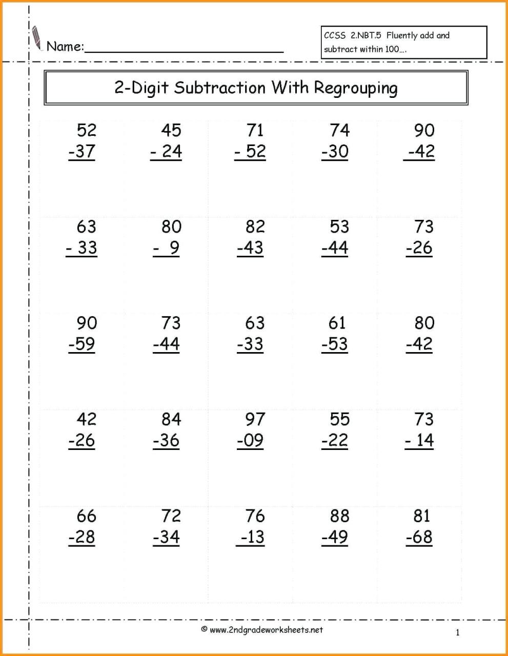 Regrouping Subtraction Worksheets 1St Grade