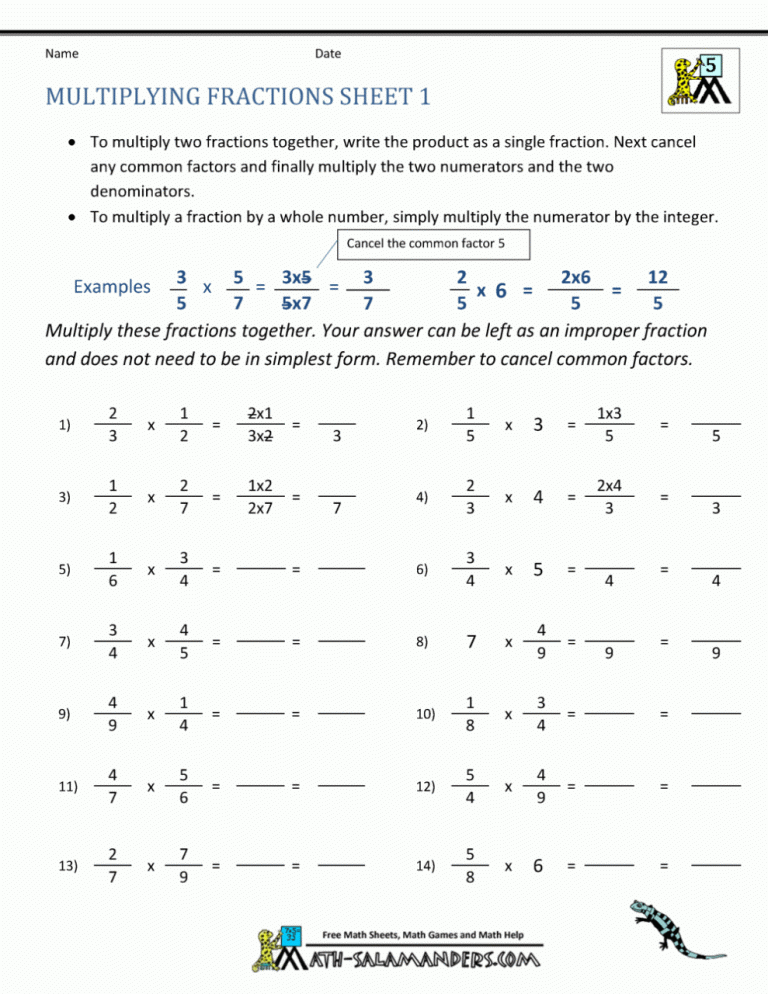 Math Worksheets For Multiplying Fractions