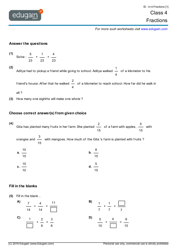 Fractions Worksheets Grade 4 Cbse