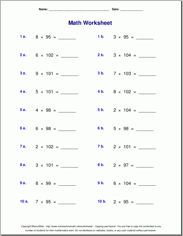 Multiplication Review Worksheets Grade 5