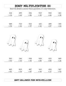 Scary Multiplication (3Digit by 2Digit) (A) Halloween Math Worksheet