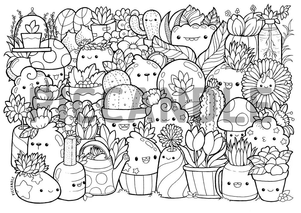 Plants Doodle Coloring Page Printable Cute/Kawaii Coloring Etsy