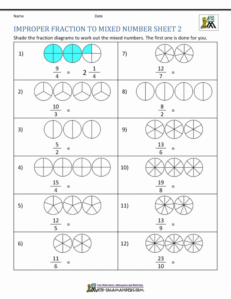 Mixed Numbers To Improper Fractions Worksheet With Pictures