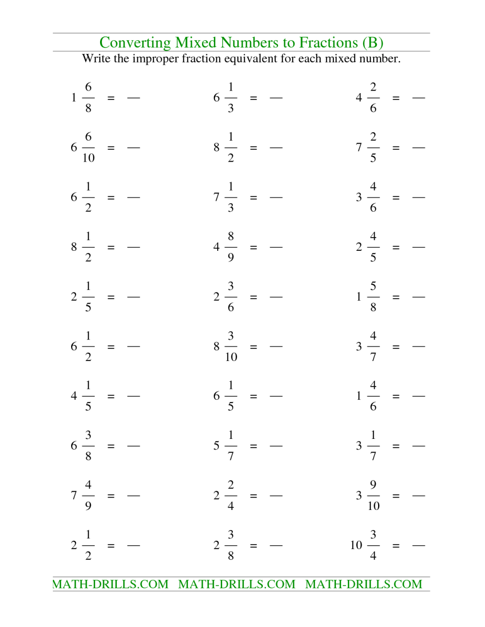 Changing Mixed Numbers To Improper Fraction Worksheets fractions