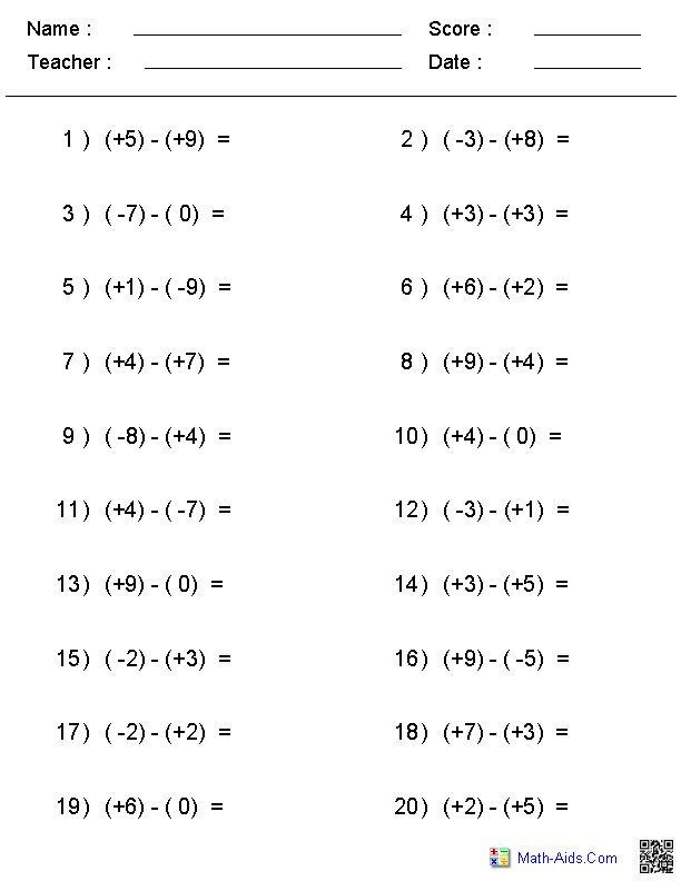 Worksheet On Adding And Subtracting Integers Pdf