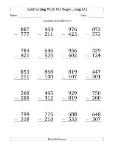 Large Print 3Digit Minus 3Digit Subtraction with NO Regrouping (A)