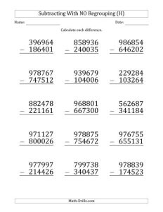 Large Print 6Digit Minus 6Digit Subtraction with NO Regrouping (H)