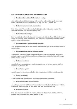 9th Grade Transition Words Worksheet With Answers