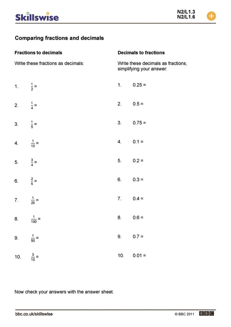 Worksheets Fractions To Decimals
