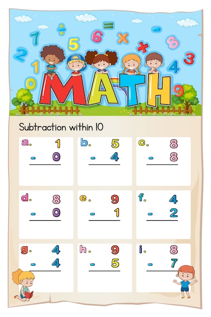 Free Vector Math worksheet for subtraction within ten