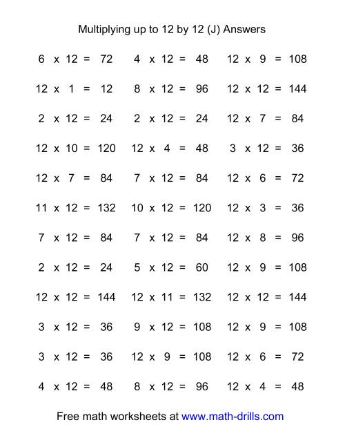 36 Horizontal Multiplication Facts Questions 12 by 012 (J)