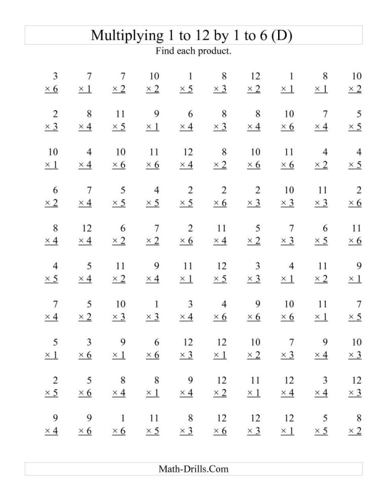 Multiplication 0-12 Worksheets