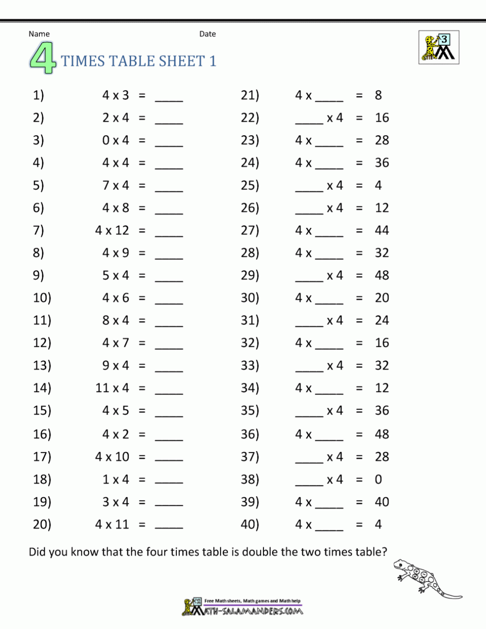 Times Table Worksheet Year 4