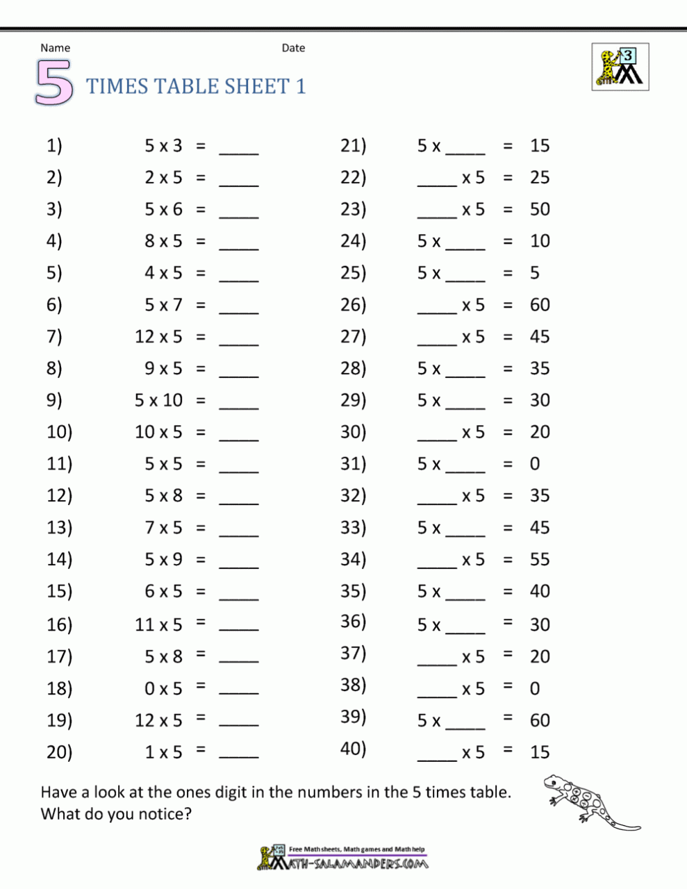 Times Table 2 5 10 Worksheet