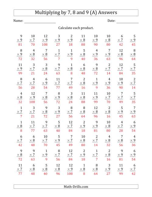Multiplication Worksheets 7 8 9