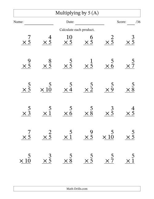 Multiplying (1 to 10) by 5 (36 questions per page) (A)
