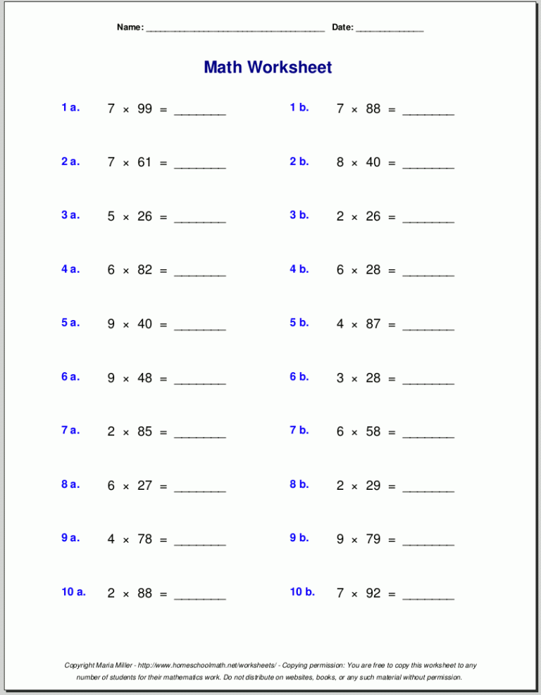 Partial Products Multiplication Worksheets Free