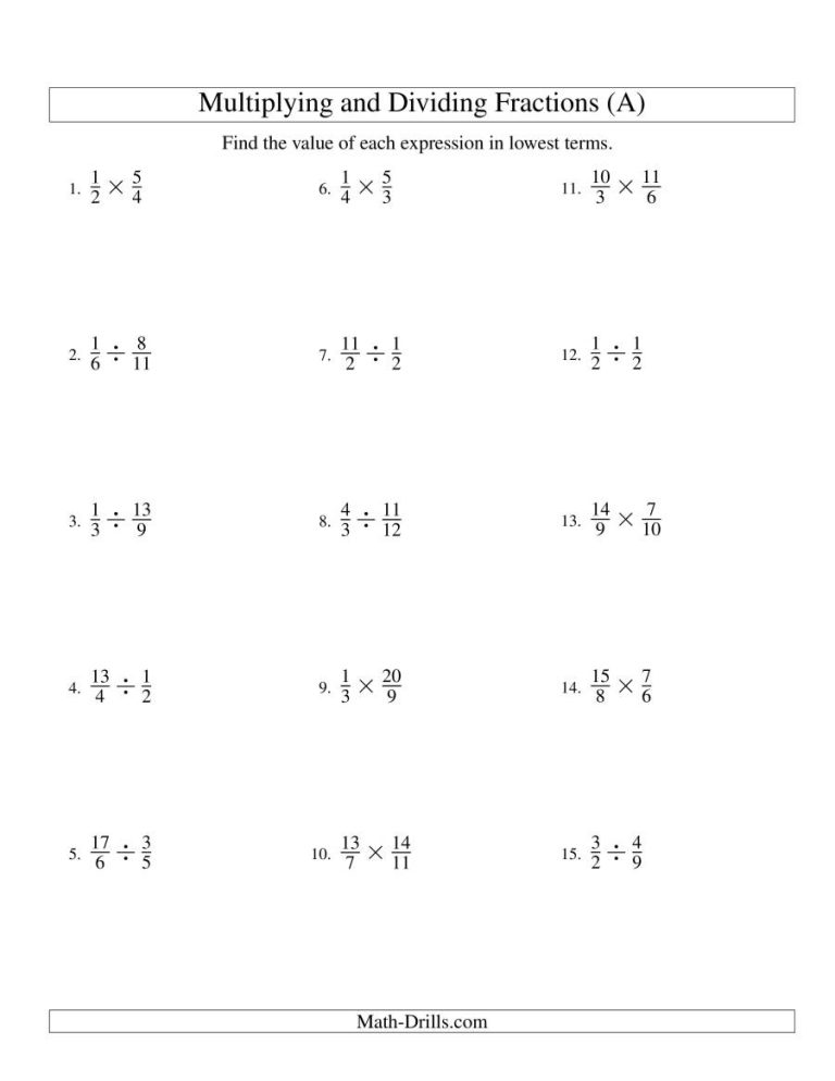 Adding Subtracting Multiplying And Dividing Fractions Worksheet Grade 8