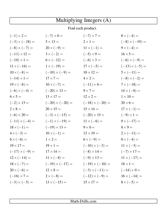 Multiplication And Division Of Positive And Negative Numbers Worksheet