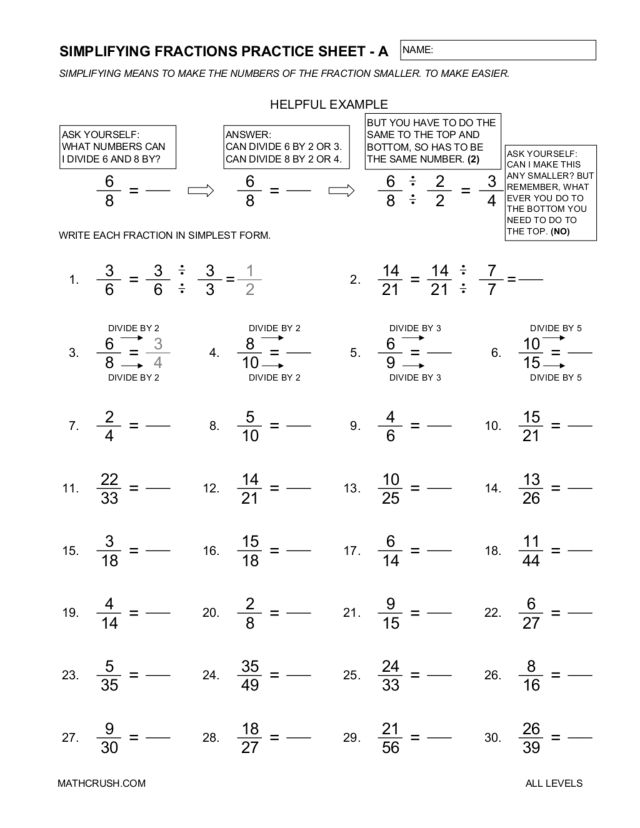 Simplifying Fractions Practice SheetA Worksheet for 4th 6th Grade