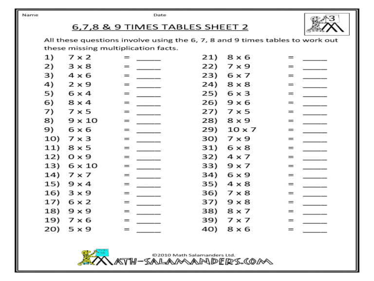 Multiplication Worksheets 6 7 8