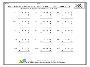 Multiplication 3 Digits by 1 Digit Sheet 1 Worksheet for 3rd 4th