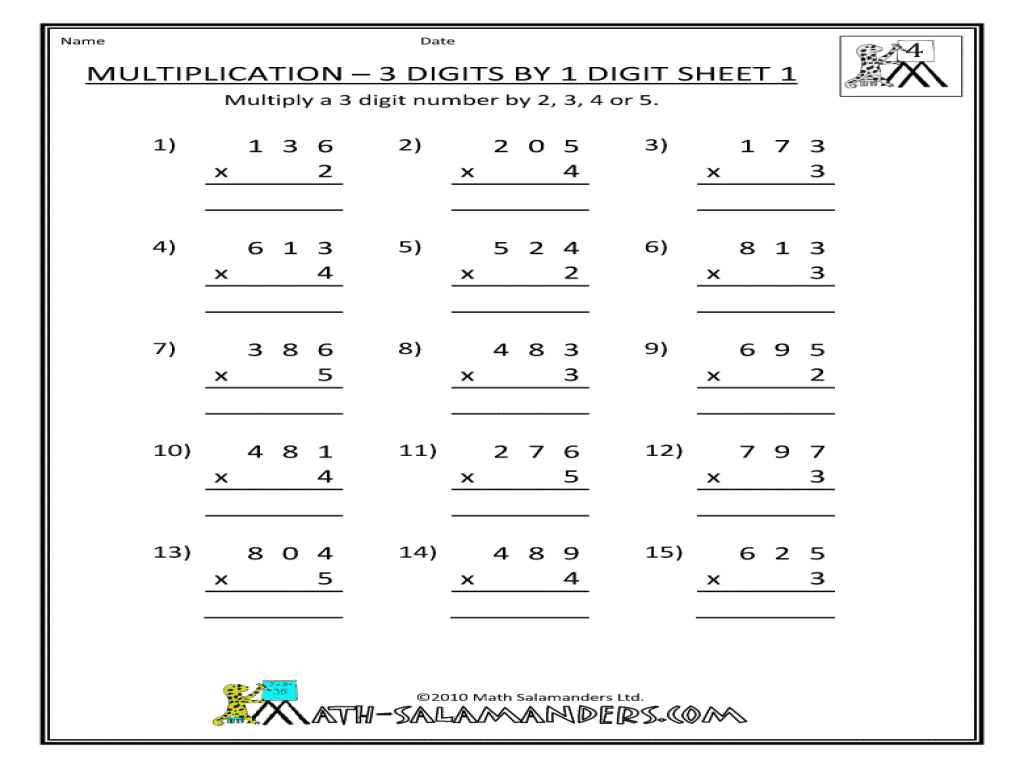 Multiplication 3 Digits by 1 Digit Sheet 1 Worksheet for 3rd 4th