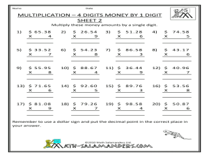 Money Multiplication 4 Digits by 1 Digit Worksheet for 3rd 4th Grade