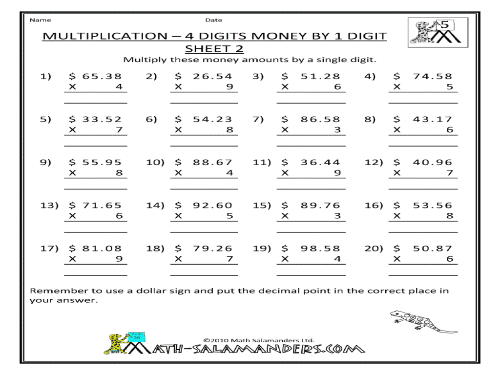 Money Multiplication 4 Digits by 1 Digit Worksheet for 3rd 4th Grade