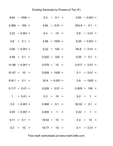 Dividing Decimals by Powers of Ten (F) Worksheet for 5th 6th Grade