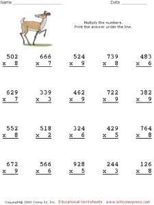 Multiplying 3 Digit Numbers by 1 Digit Numbers Worksheet for 3rd 4th