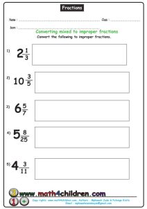 Convert Mixed Numbers to Improper Fractions Worksheet for 4th 5th