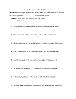 Molarity And Dilution Worksheet Answer Key