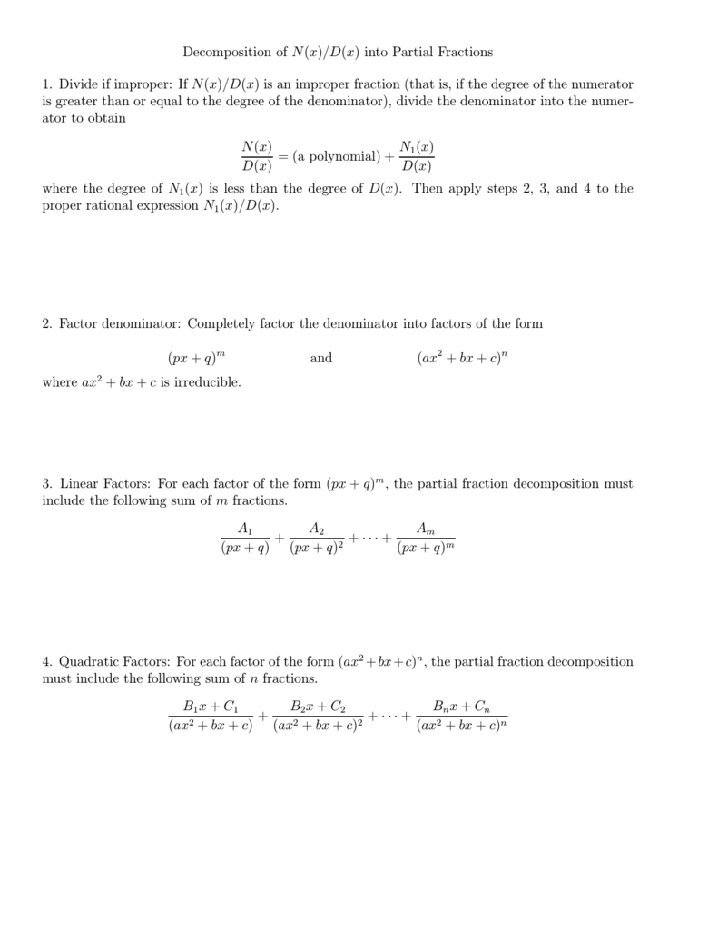 Fraction Decomposition Worksheet