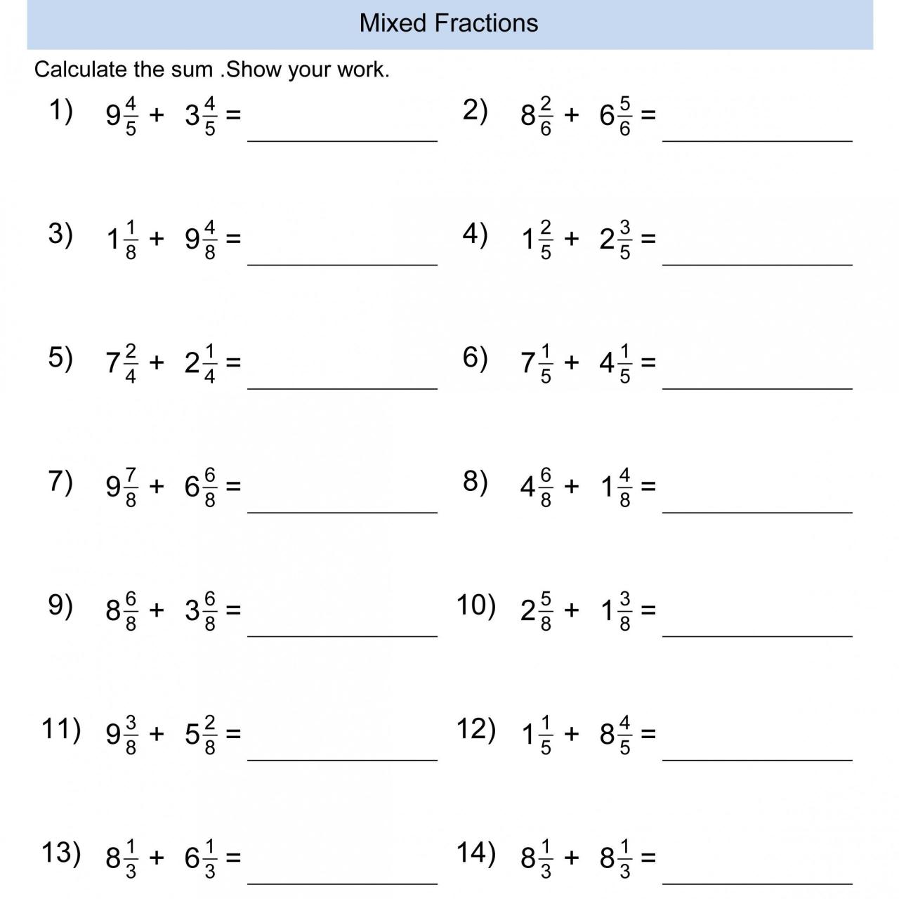 Mixed Fraction Operations Worksheet Pdf