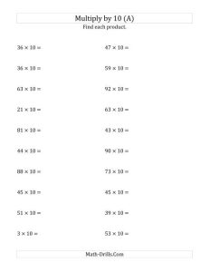 Multiplying Whole Numbers by 10 (A) Powers of Ten Worksheet