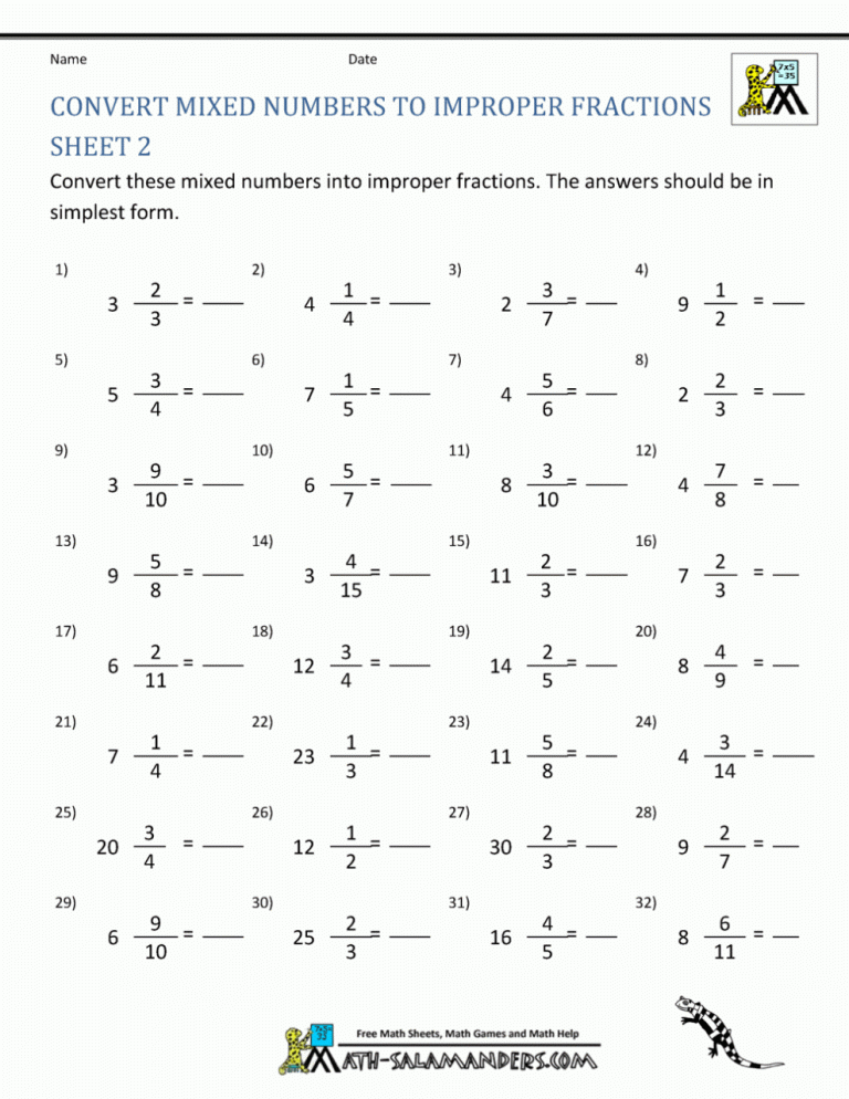Converting Improper Fractions To Mixed Numbers Worksheet Grade 7