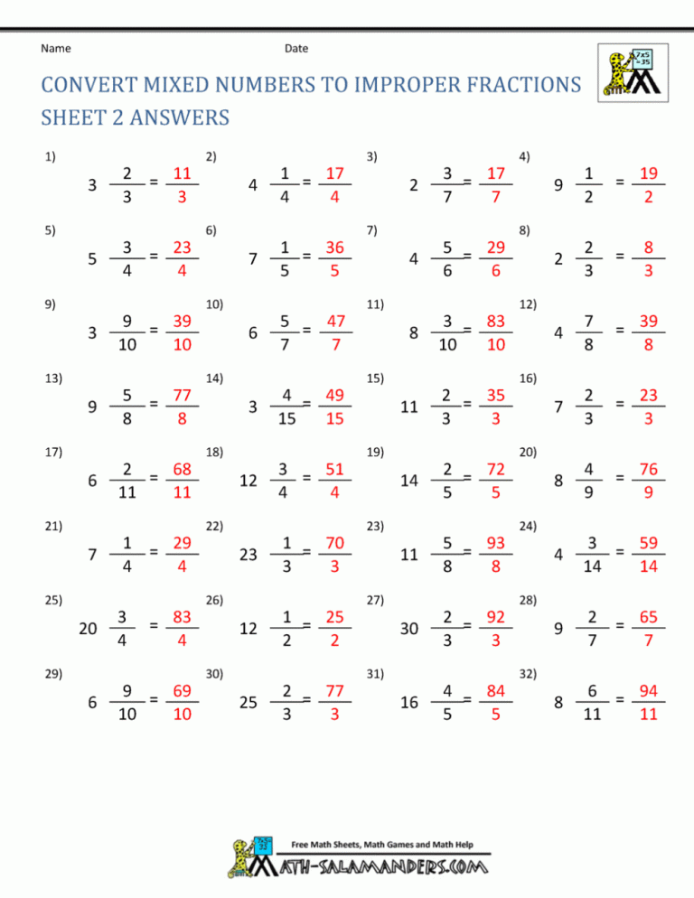 Converting Mixed Numbers To Improper Fractions Worksheet With Answers