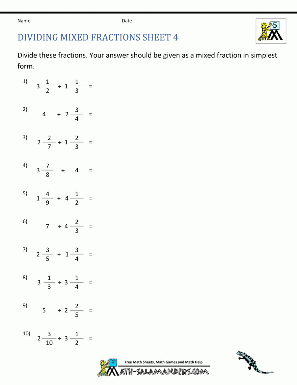 Math-Aids.com Fractions Worksheets Subtracting Mixed Numbers