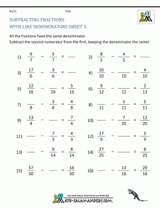 Free Fraction Worksheets Adding Subtracting Fractions