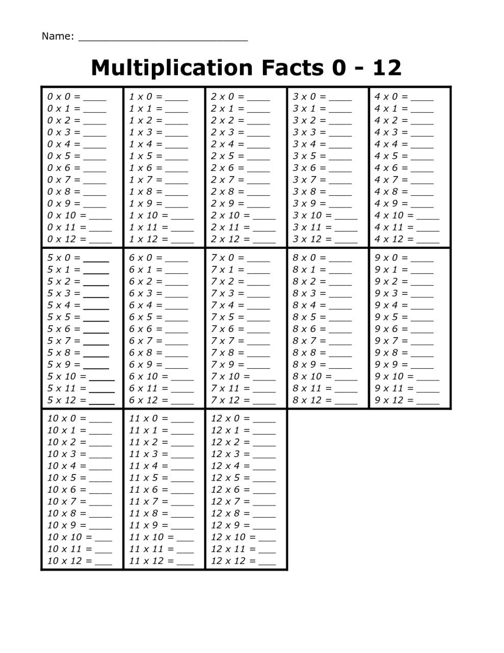 Printable Multiplication Worksheets 012