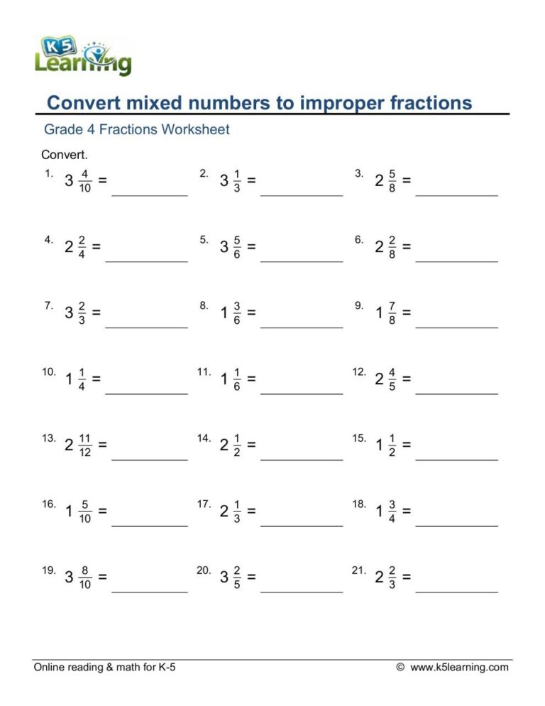 Improper Fractions To Mixed Numbers Worksheet 4Th Grade