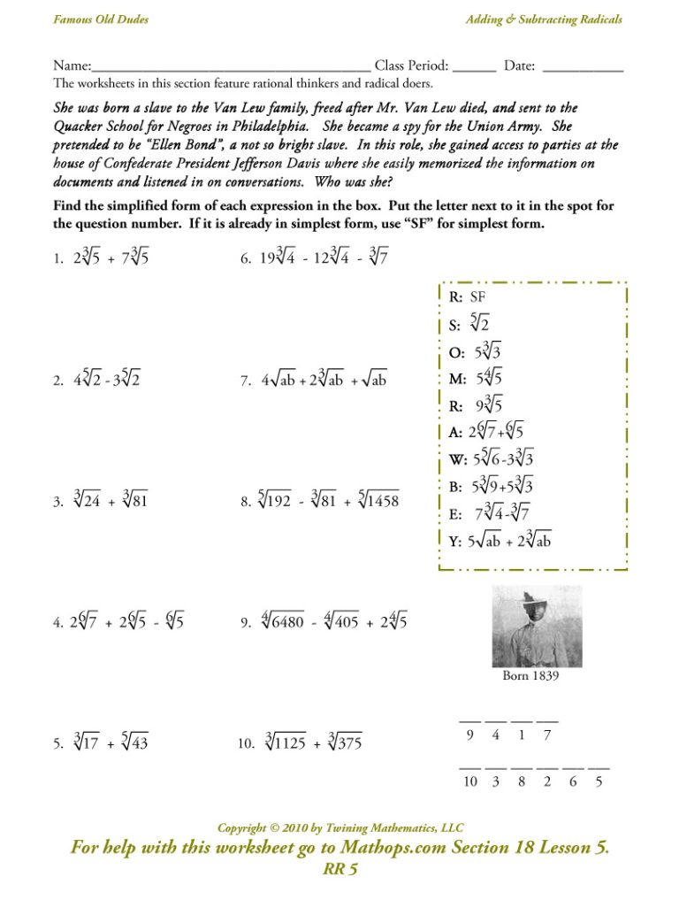 Adding And Subtracting Radicals Worksheet With Answer Key