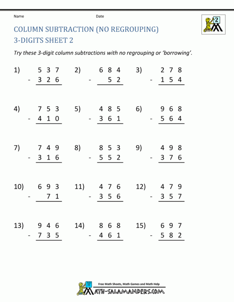 Single Digit Subtraction Worksheets For 2Nd Grade
