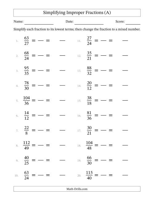 Simplify Improper Fractions to Lowest Terms (Easier Version) (A