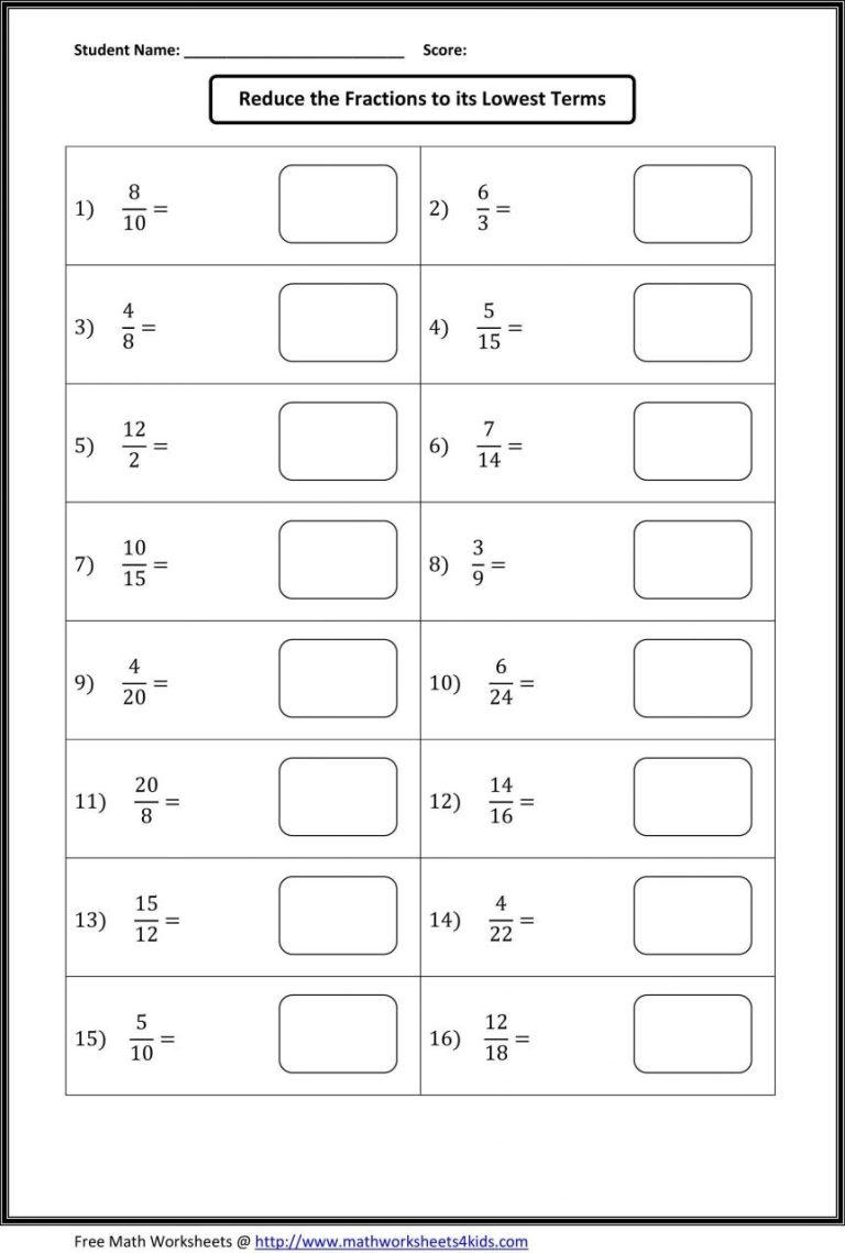 4Th Grade Reducing Fractions Worksheets